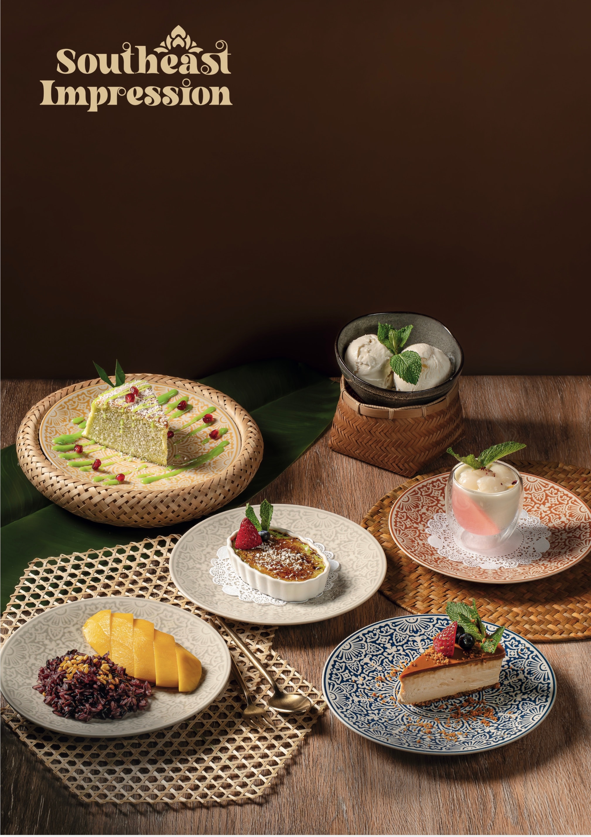 Pandan castella cake, creme brulee, mango sticky rice and cheesecake